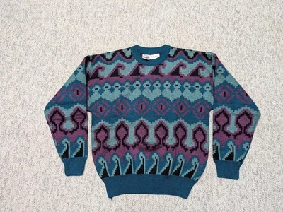 vintage 1990s ski sweater SPYDER wool blend M teal purple ABSTRACT - Image 1 of 4