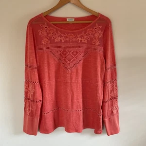 Sundance Crochet Embroidered Long Sleeve Cotton Cut Out Top Coral Orange Sz L - Picture 1 of 10