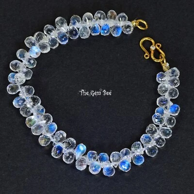 18K Solid Yellow Gold Diamond Finest Faceted Blue Flash Moonstone Bracelet 7" - Image 1 of 4