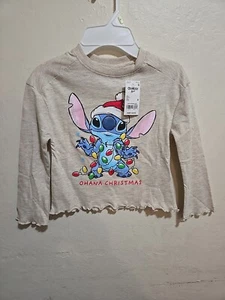 Disney Stitch Kids Girls Ohana Christmas Cute Santa Stitch Shirt Oatmeal Sz 4 - Picture 1 of 7