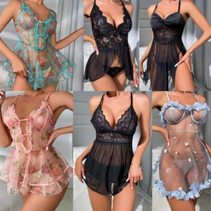 Women Sexy Lace Sheer Lingerie Babydoll Chemise V Neck Nightgown Sleepwear Teddy - Picture 1 of 53