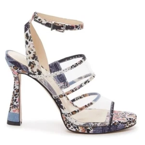 NEW Jessica Simpson Phranti High Heel Platform Lucite Panel Animal Print Denim 8 - Picture 1 of 8