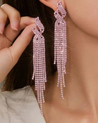 Silver Long Rhinestone Crystal Pink  Pageant Dangle Earrings Formal New - Image 1 of 4