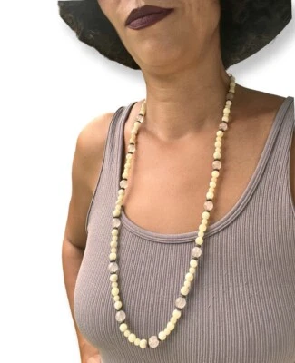 "Hermoso collar de cuentas de piedra bohemia con cuarzo rosa 32"" de largo" Foto 1 de 4