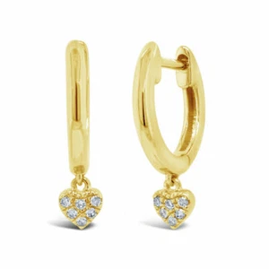 Diamond Huggie Dangle Heart Earrings 14K Yellow Gold Natural Round Cut 0.04ct - Picture 1 of 2