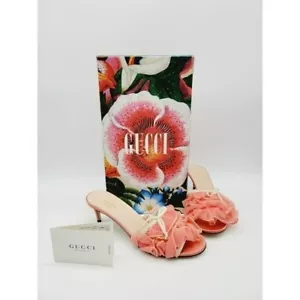Gucci Soft Toulle Peach Pink Low Heel Slide Sandals Size 37.5 - Picture 1 of 10