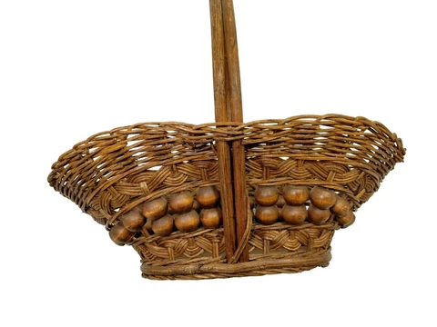 Large Vintage Willow Wicker Wood Bead Basket Handmade Rattan 16 inch Cover