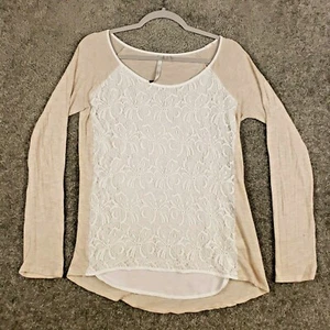 LC Lauren Conrad Lace Front Long Sleeve Shirt Sz M Womens Semi Sheer Off White - Picture 1 of 9