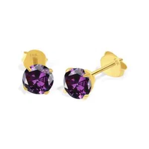 14K Solid Yellow Gold Amethyst Earring February Birthstone Colors Push Backing - Picture 1 of 9