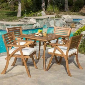 Noble House Patio Dining Set 5-Piece Wood Square W/ Cream Cushions Teak Brown - Picture 1 of 10