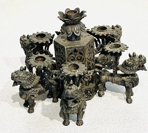 Candelabro antiguo candelabro chino de bronce Pixiu Kylin Foo perro vintage portavelas - Imagen 1 de 7