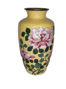 Japanese Ando ? Yellow Ground Pink Rose Vase Silver Rim and foot - Picture 1 of 11