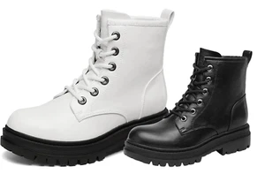 Women Riding Booties Combat Shoes Lace Up Round Toe Zip Winter Ankle Boots - Picture 1 of 10