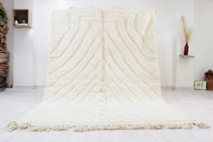 Alfombra marroquí Beni Ourain a rayas hecha a mano alfombra blanca bereber alfombra de lana 8'x5' - Imagen 1 de 11