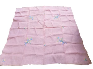 Vtg embroidered Rose Pink floral tablecloth scallop edge 34 x 34 Delicate flower - Picture 1 of 14