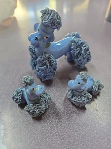 Vintage Spaghetti Ceramic Poodle Family Figurine SET OF 3 Dogs Blue - Picture 1 of 3