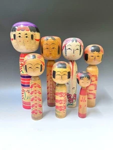 KOKESHI Giapponese Vintage Bambola di Legno Set di 7 Giappone 25cm-34cm #09082 - Foto 1 di 10