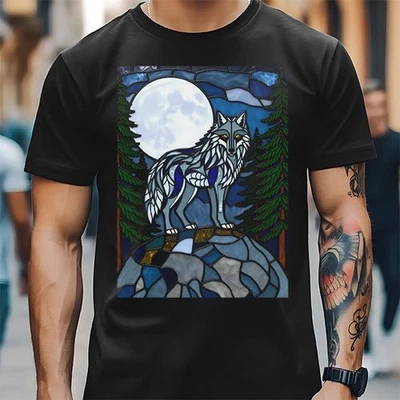 Camiseta VENTANA VITRAL LOBO Y LUNA Idea de Regalo Animal Místico Arte Noche Foto 1 de 4