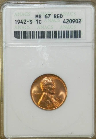 1942 S Lincoln Cent MS67 RD ANACS Unc BU Red Wheat Penny [106] Cover