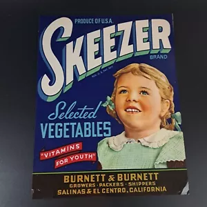 Etichetta vintage originale marca SKEEZER verdure Burnett & Burnett CA 7" x 9" - Foto 1 di 4