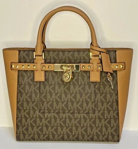 MICHAEL KORS Hamilton Traveler Studded Tote Leather Handbag Brown Acorn Satchel - Picture 1 of 12