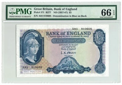 GREAT BRITAIN, BANK OF ENGLAND ND (1957 - 1967) 5 POUNDS. PMG-66EPQ. P-371. - Image 1 of 2