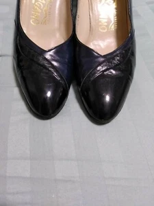Salvatore Ferragamo Navy Blue & Black Pumps Size 6.5 AAA Classic Leather Italian - Picture 1 of 10