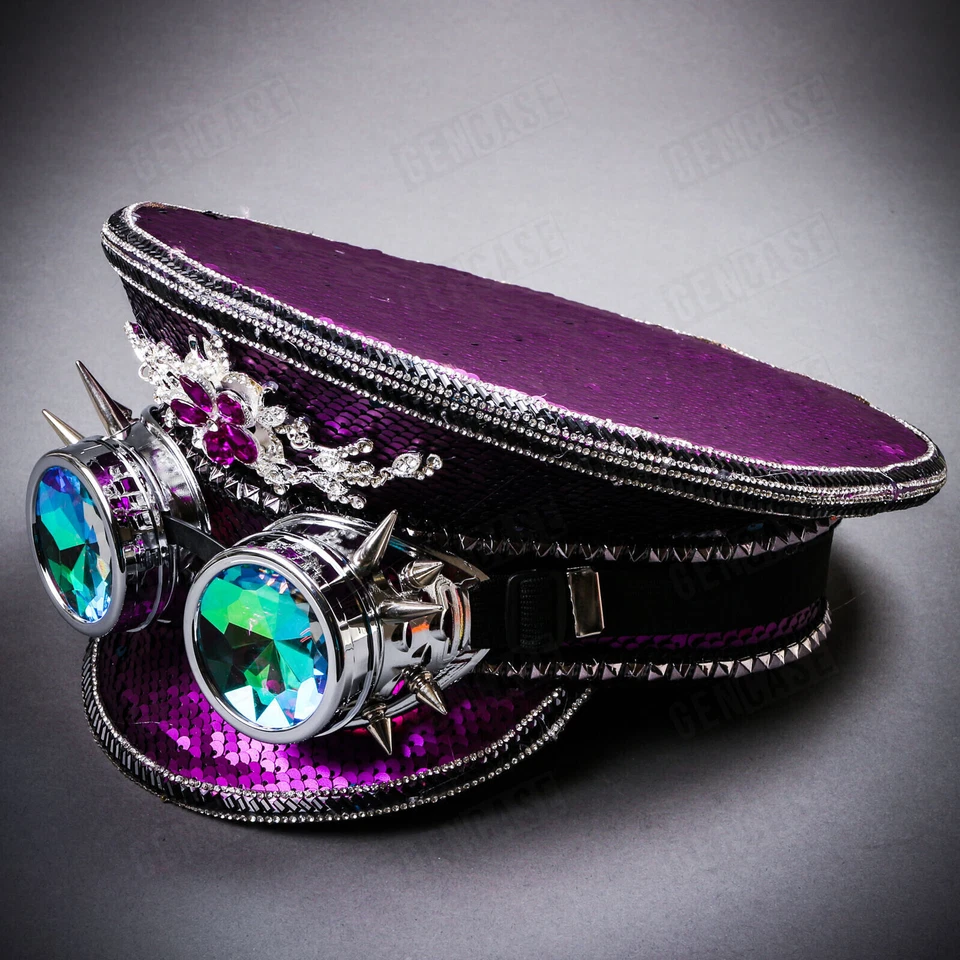 紫色亮片蒸汽朋克 BurningMan Captain Hat Chrome Spike Goggle 万圣节帽子 — 第 1/4 张图片