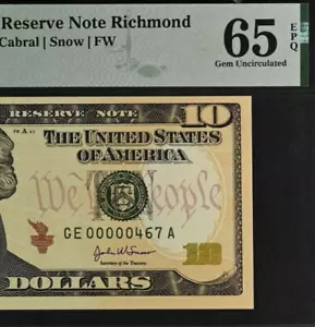 2004A $10 Richmond FRN PMG 65EPQ gem three digit low serial number 00000467 - Picture 1 of 3