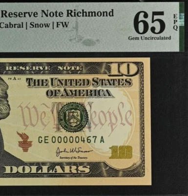 2004A $10 Richmond FRN PMG 65EPQ gem three digit low serial number 00000467 - Image 1 of 3