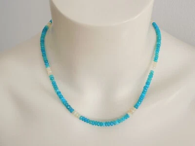 925 Argento Collana Collier Opale Blu & Bianco Rondella 10,5 G / Lungo 46-50,5 - Immagine 1 di 4