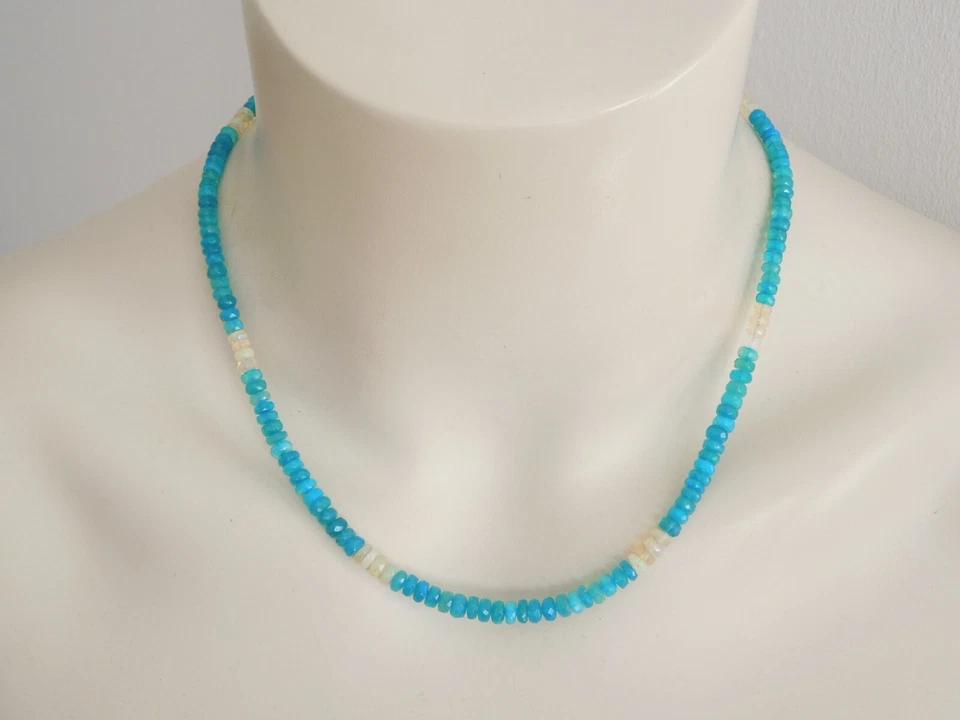 925 Argento Collana Collier Opale Blu & Bianco Rondella 10,5 G / Lungo 46-50,5 - Immagine 1 di 4