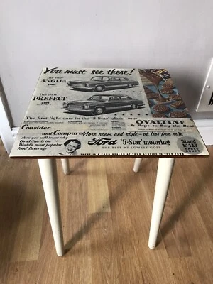 Small Vintage Wooden Side Table - Decoupaged with 1950 Magazine Cuttings - Image 1 of 4