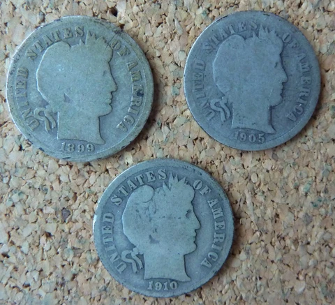 Three Circulated Barber Dimes - 1899-O, 1905-S, 1910-D Cover