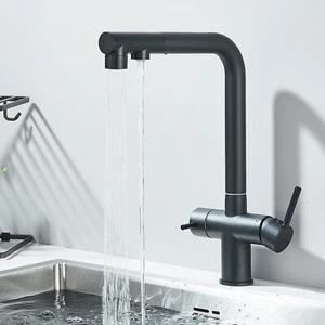 Schwarz 3 Wege Wasserhahn Ausziehbar Küchenarmatur Wasserfilter Trinkwasser - Picture 1 of 11