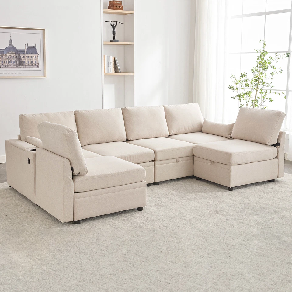 6 Modular Sectional U Shape Couch w/Storage USB Port Cup Holder Reversible Chais - Image 1 of 4