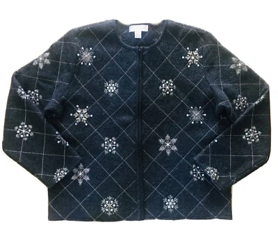 Vtg Wool Cardigan Sweater Gray Embroidered Embellished Snowflake Zip Womens Sz L - Image 1 of 4