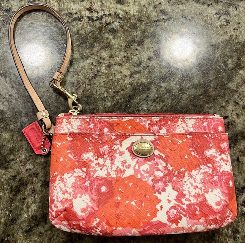 Coach Rosa Arancione Bianco Peyton Floreale Piccolo Polso Tasca Zip Oro Ferramenta