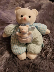 VTG 13" Blue White Striped Checkered Tubbs Russ Berrie Rattle Bear Baby Sqeaker - Picture 1 of 6