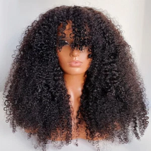 Afro Kinky Curly Bangs Brazilian Remy Human Hair Machine Made Wig O Scalp Top - Picture 1 of 7