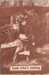 Vintage Postcard Romance Look Who's Coming 1911 - Picture 1 of 2