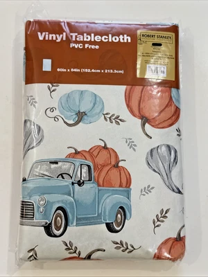 ROBERT STANLEY Harvest Pumpkin Vinyl Flannel Back Tablecloth 60" x 84" Truck with Pumpkins PVC