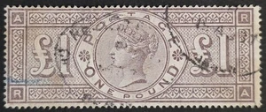 GRAN BRETAGNA 1884 Usato £1 Marrone Lilla WMK Corone Imperiali RA SG #185 CV £3000 - Foto 1 di 2
