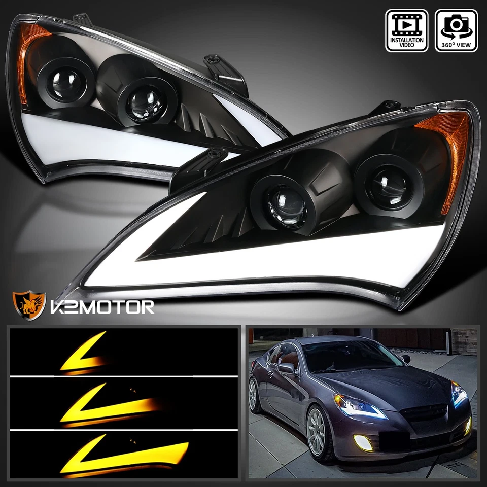 Jet Black for 2010-2012 HYUNDAI Genesis 2dr Coupe LED Strip Projector Headlights