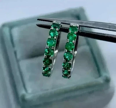 Certified 3Ct Natural Green Emerald Huggie Hoop Earrings 10K Solid White Gold - Image 1 of 4