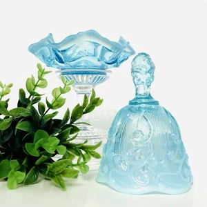 Vintage 1981 Fenton Art Glass 6" Bell Lily Of The Valley Blue Matching Candydish - Picture 1 of 16