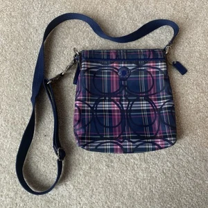 Coach Plaid Signature Crossbody Bag Navy Blue And Red - Picture 1 of 12