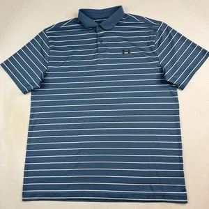 Under Armour Heatgear Mens Large Blue Striped Polyester Blend Polo - Picture 1 of 9