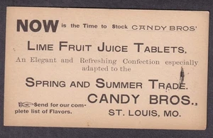 Tarjeta postal publicitaria de 1880 Candy Bros St Louis MO/Lime Fruit Juice Tablets confección - Imagen 1 de 2
