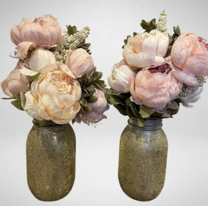 Lote de decoración de centro de peonía de seda sintética brillo tarro albañil boda novia bebé bebé - Imagen 1 de 5